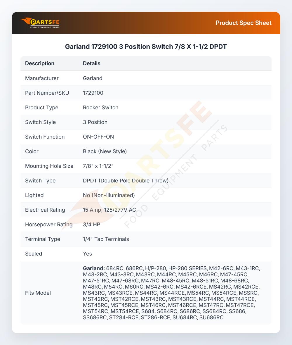 Garland 1729100 3 Position Switch 7/8 X 1-1/2 DPDT