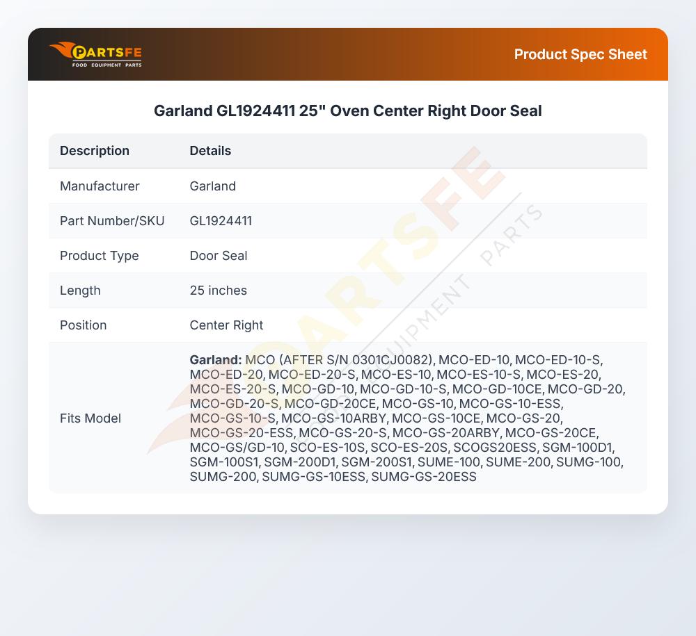 Garland GL1924411 25" Oven Center Right Door Seal