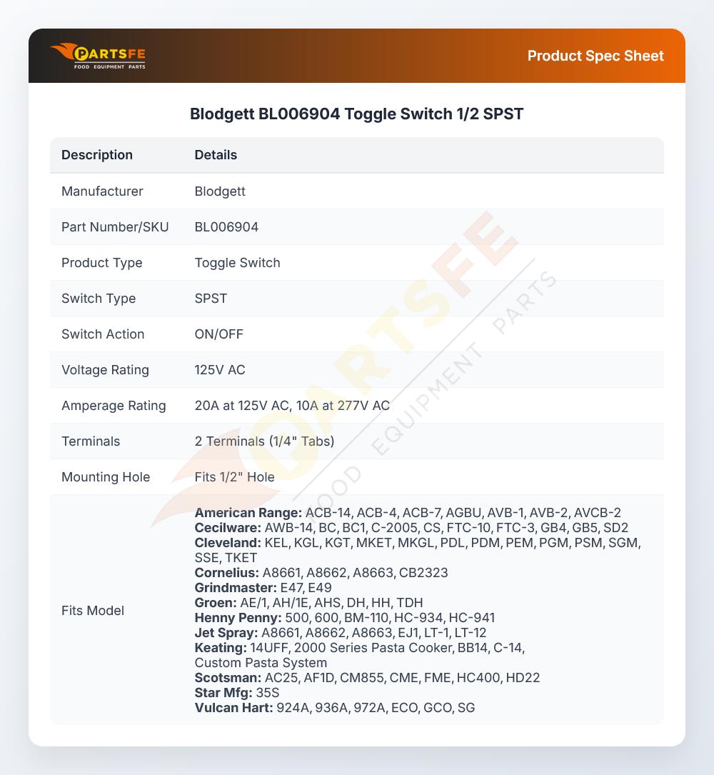 Blodgett BL006904 Toggle Switch 1/2 SPST
