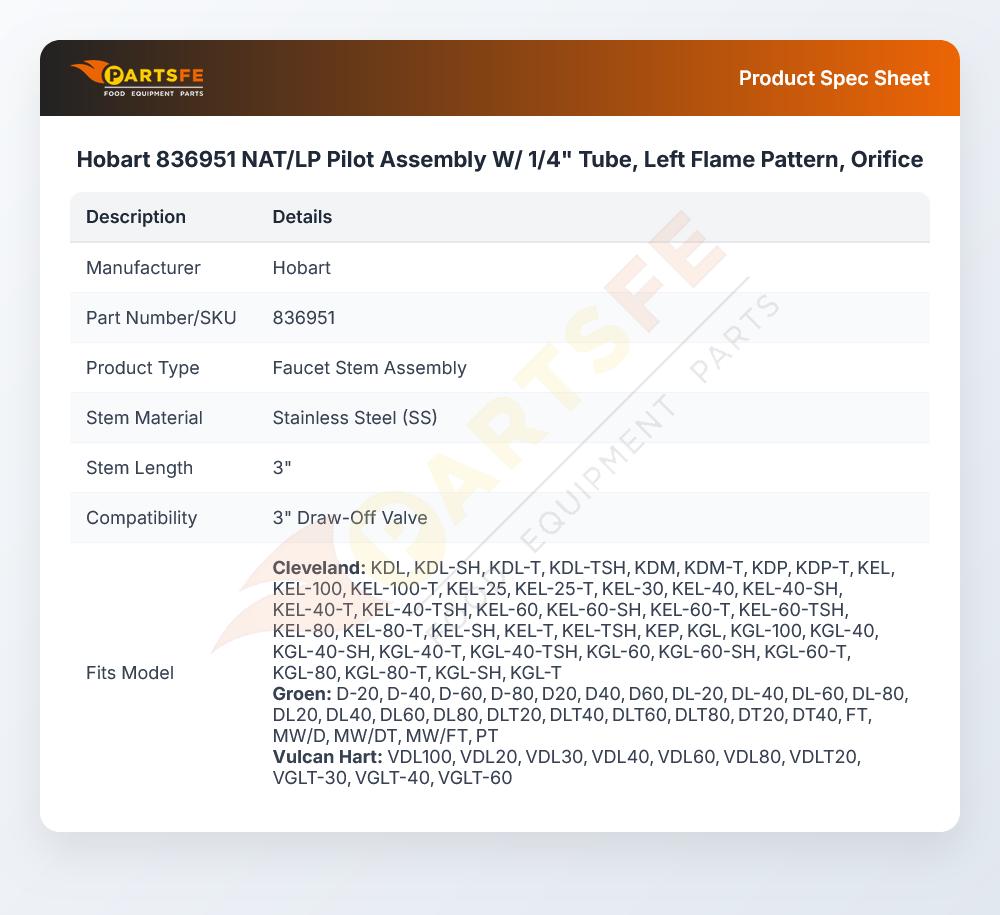 Hobart 836951 Steam Kettle Stem Assembly 3" SS