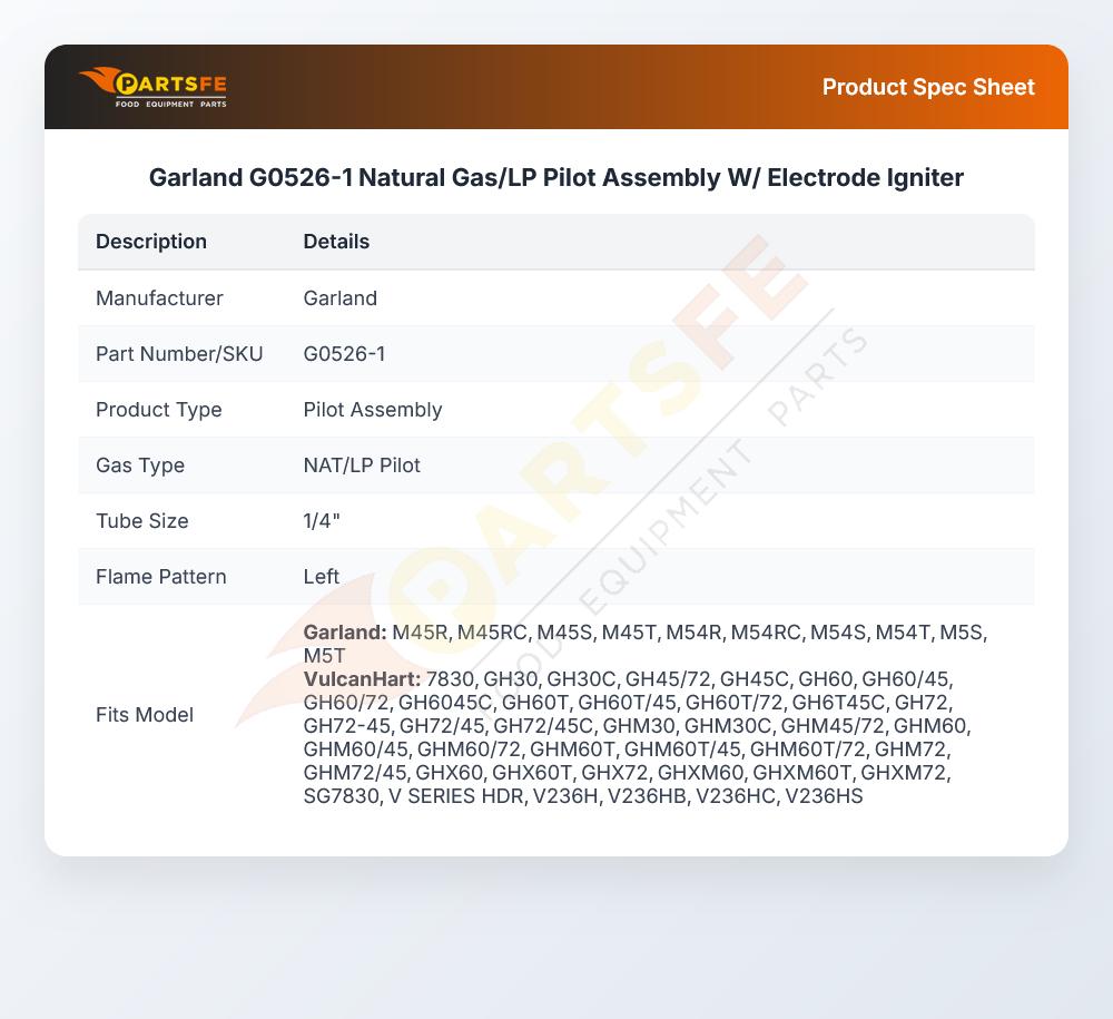 Garland G0526-1 Natural Gas/LP Pilot Assembly W/ Electrode Igniter