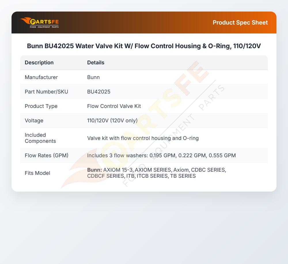 Bunn BU42025 Water Valve Kit W/ Flow Control Housing & O-Ring, 110/120V