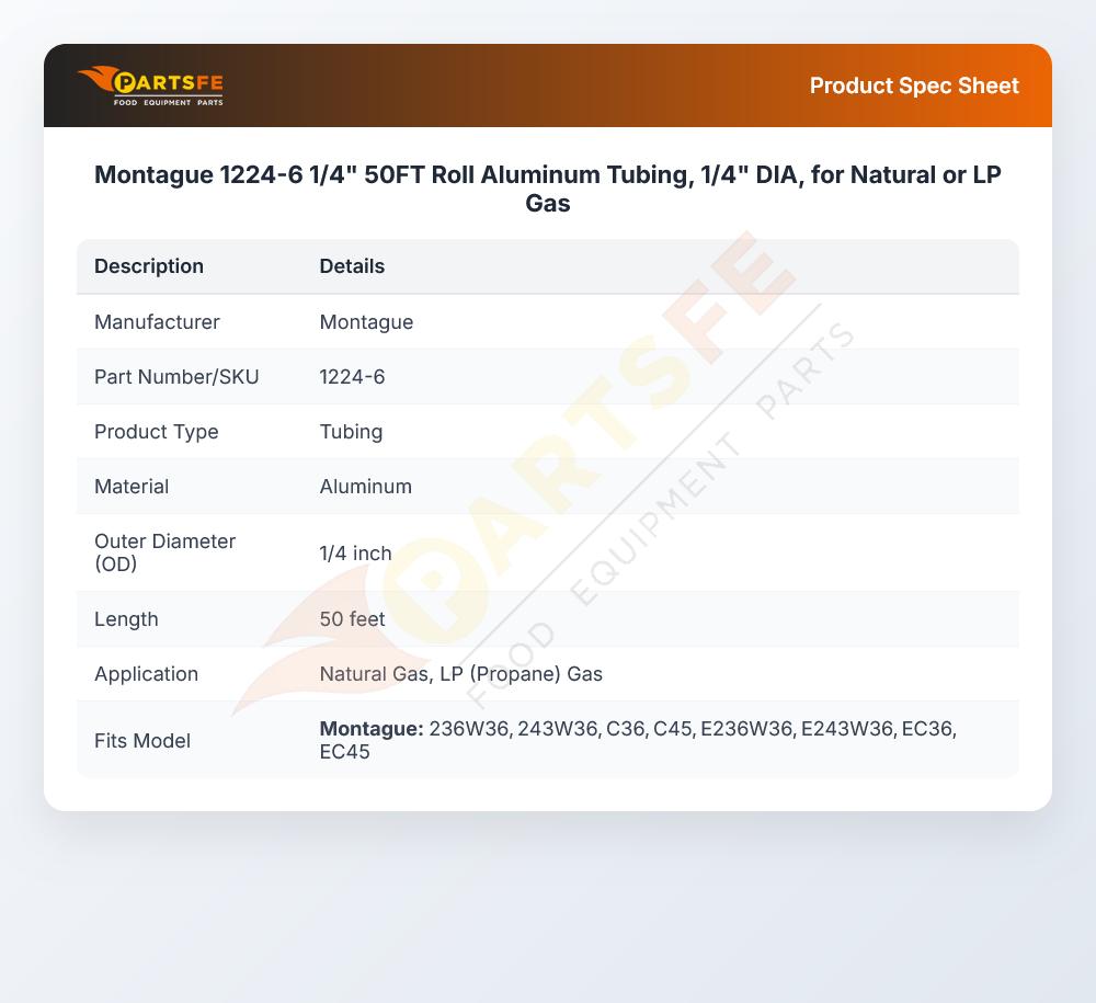 Montague 1224-6 Broiler Tubing Aluminum 1/4" OD X 50'