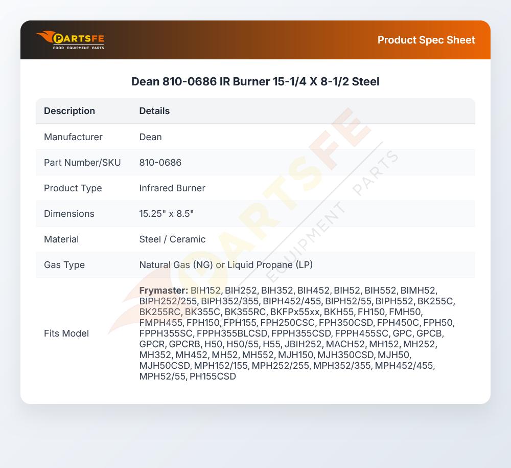 Dean 810-0686 Fryer Infrared Burner Steel 15-1/4" X 8-1/2"
