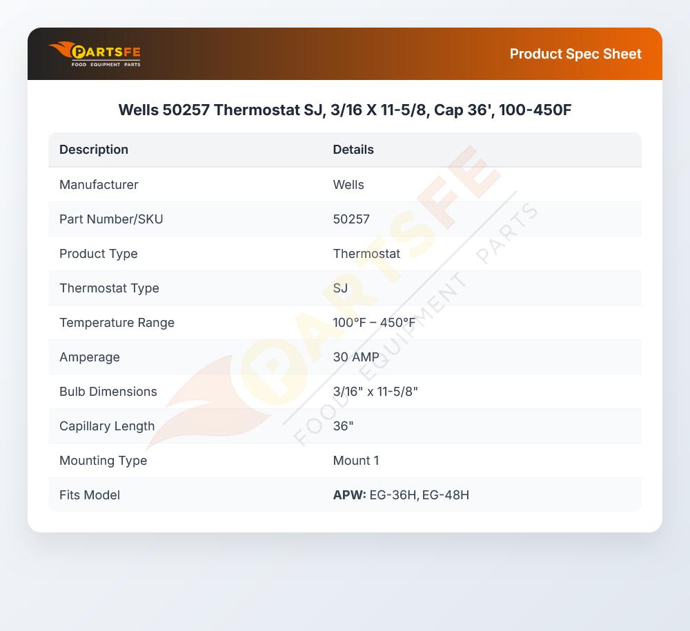 Wells 50257 Thermostat SJ, 3/16 X 11-5/8, Cap 36', 100-450F