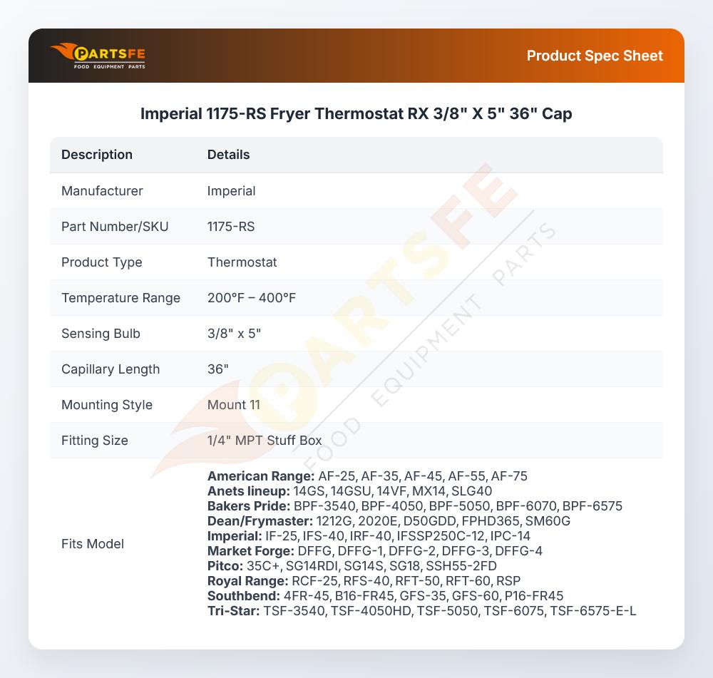 Imperial 1175-RS Fryer Thermostat RX 3/8" X 5" 36" Cap