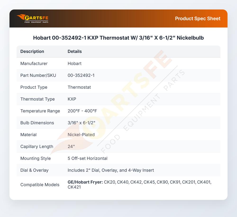 Hobart 00-352492-1 KXP Thermostat W/ 3/16" X 6-1/2" Nickelbulb