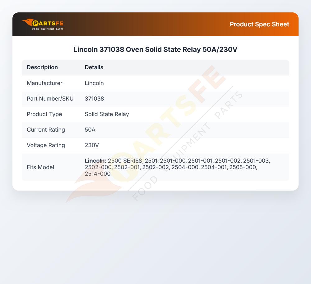 Lincoln 371038 Oven Solid State Relay 50A/230V