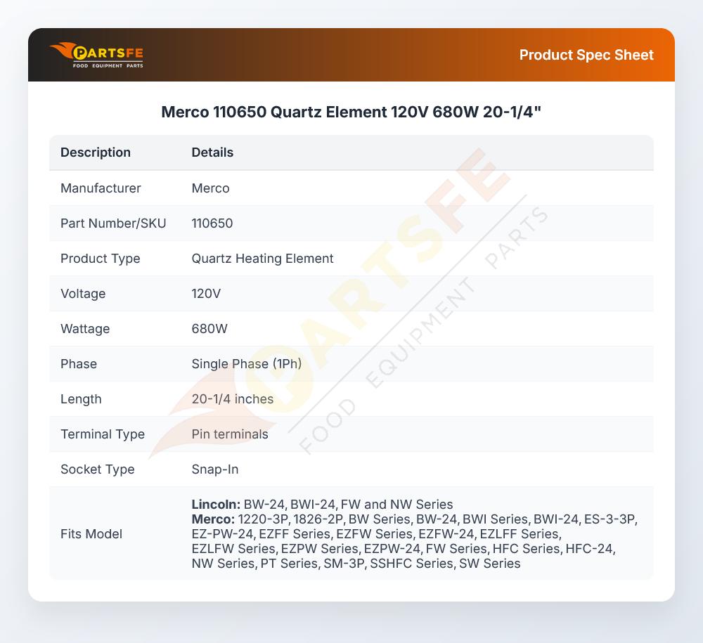 Merco 110650 Quartz Element 120V  680W   20-1/4"