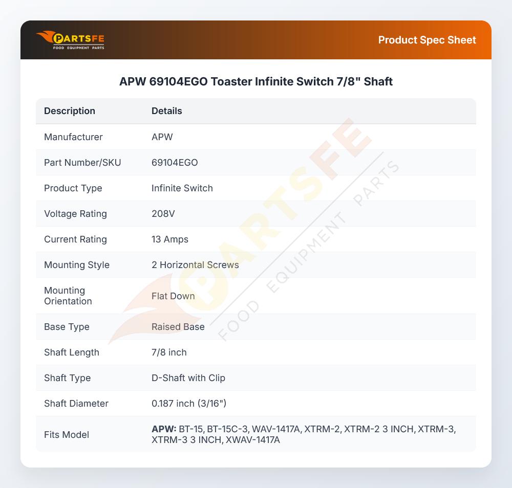 APW 69104EGO Toaster Infinite Switch 7/8" Shaft