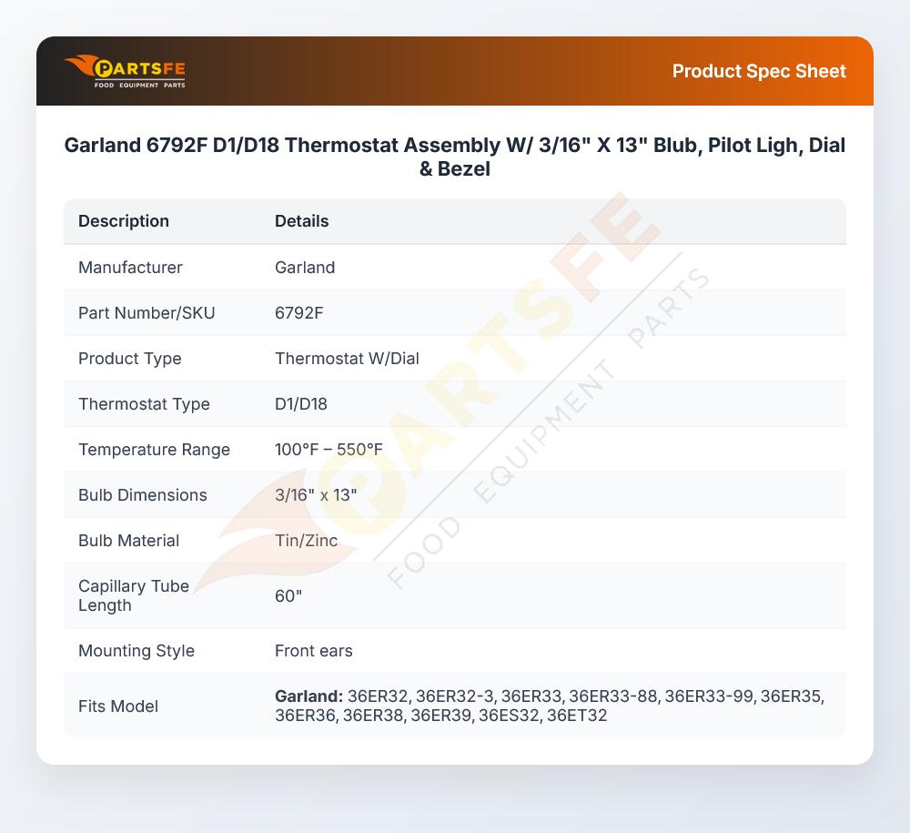 Garland 6792F Thermostat Assembly W/Dial D1/D18 3/16" X 13" Bulb 60" CAP
