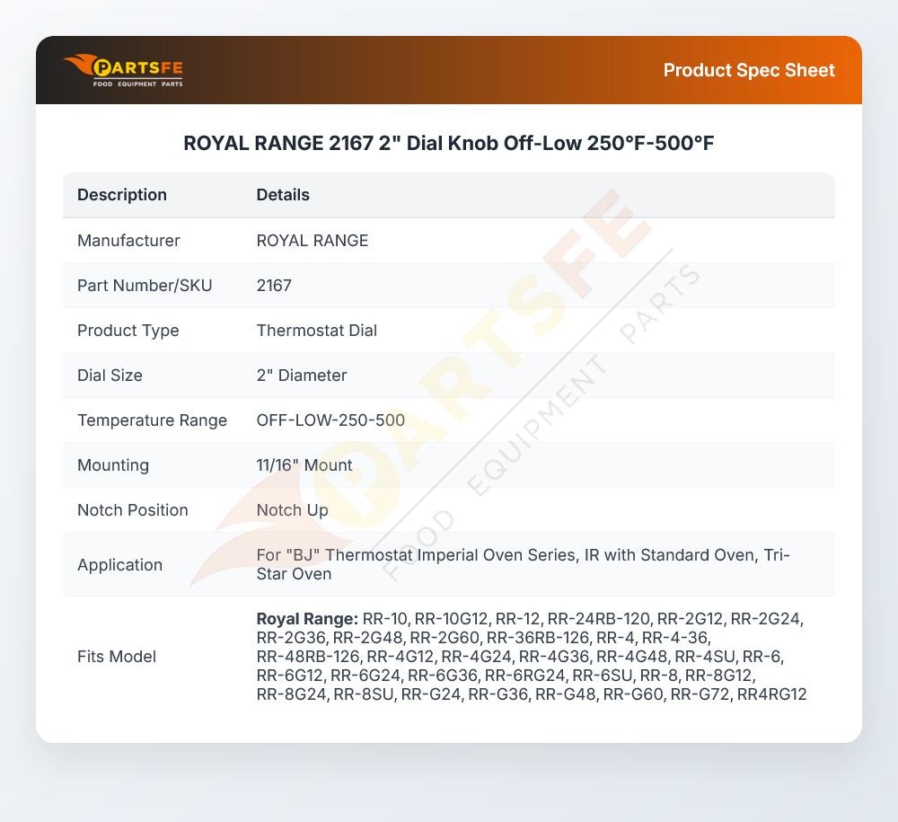 ROYAL RANGE 2167 2" Dial Knob Off-Low 250&deg;F-500&deg;F
