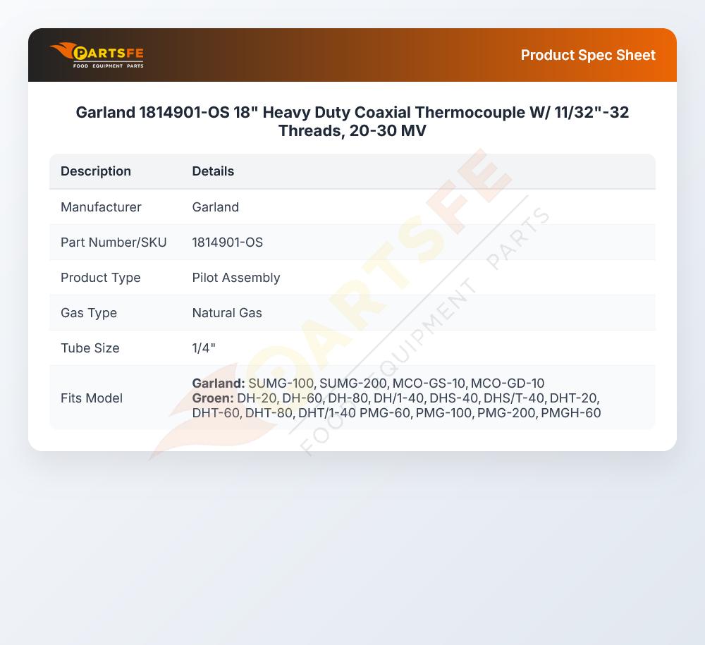 Garland 1814901-OS 18" Heavy Duty Coaxial Thermocouple W/ 11/32"-32 Threads, 20-30 MV