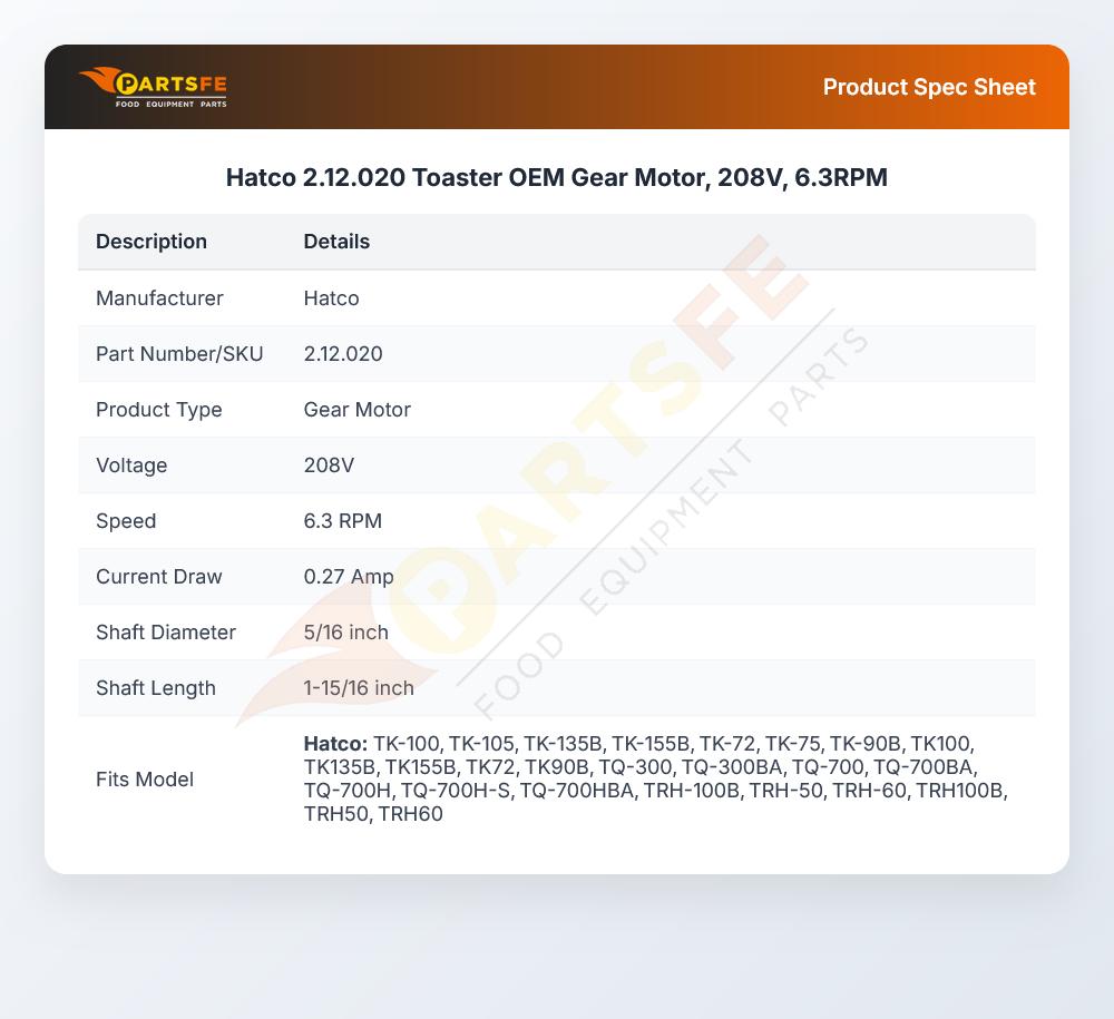 Hatco 2.12.020 Toaster OEM Gear Motor, 208V, 6.3RPM