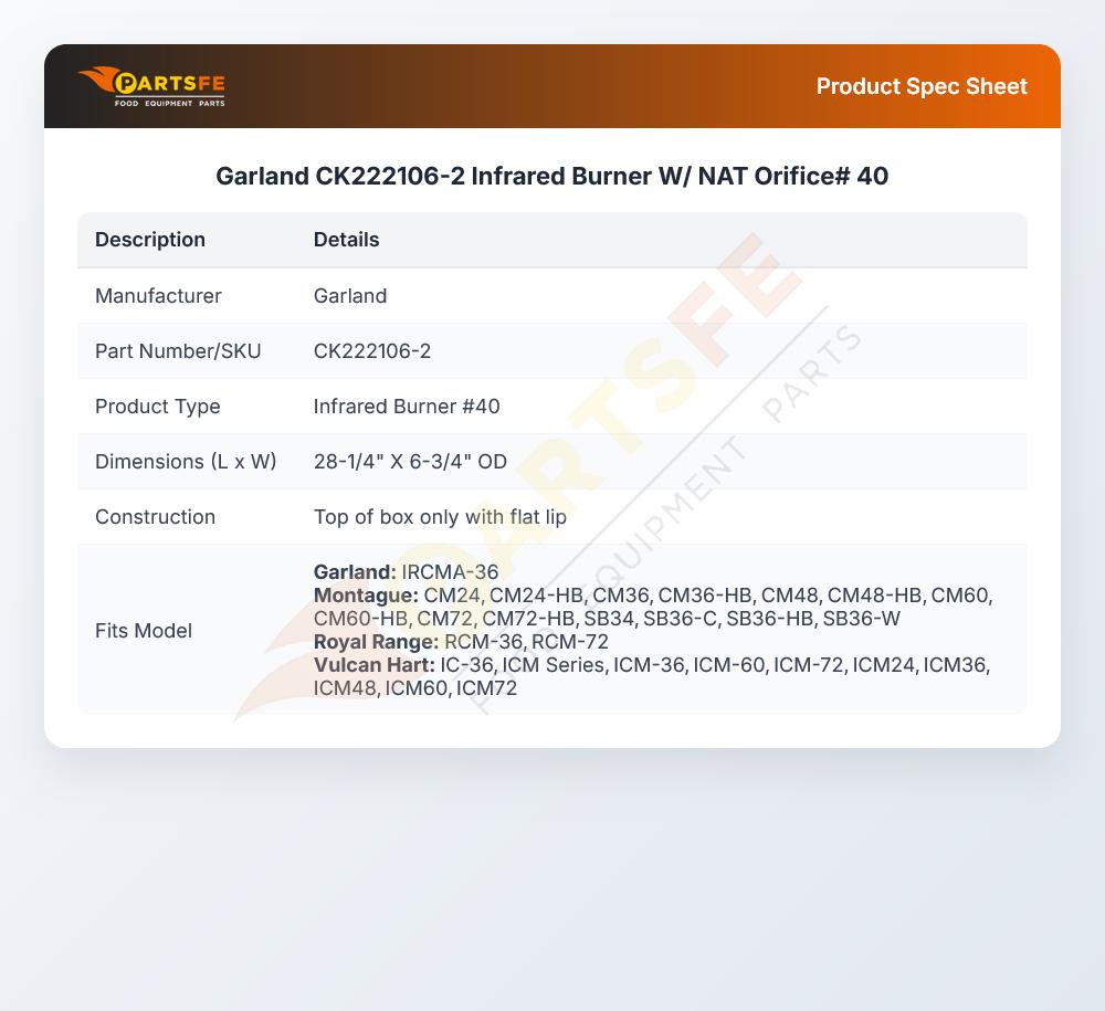 Garland CK222106-2 Infrared Burner W/NAT Orifice 27-1/4" X 6-3/4" #40