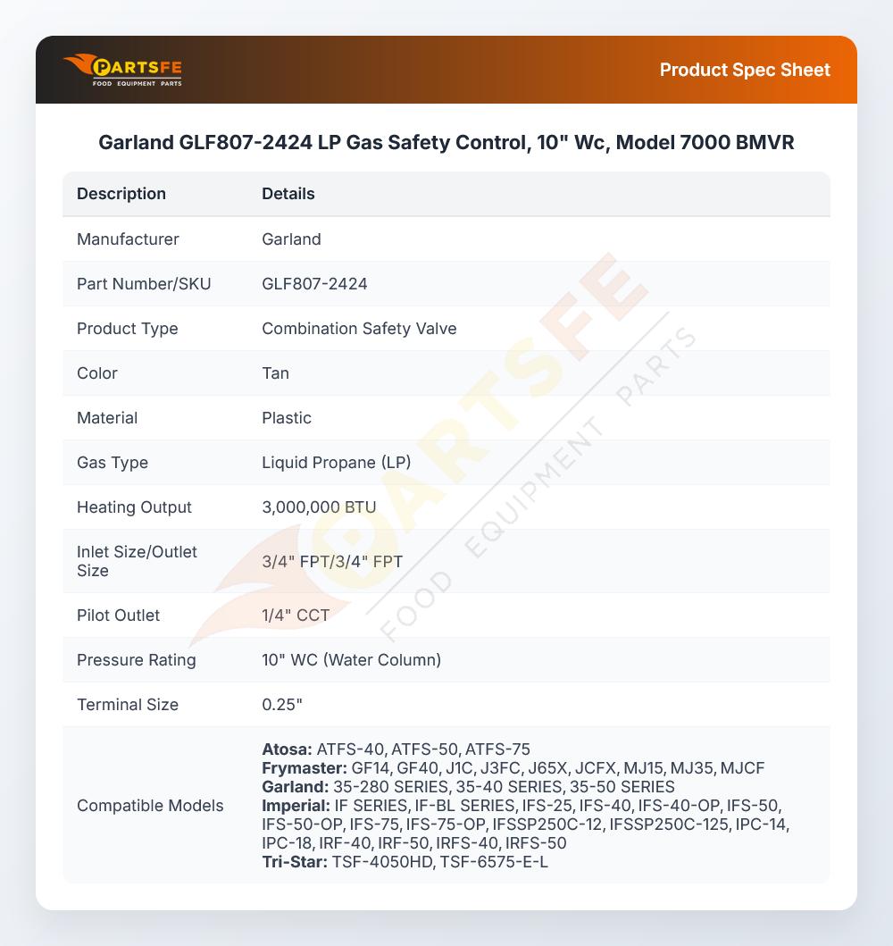 Garland GLF807-2424 LP Gas Safety Control 10" WC Model 7000 BMVR