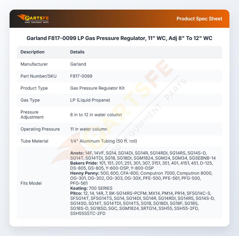 Garland F817-0099 LP Gas Pressure Regulator, 11" WC, Adj 8" To 12" WC