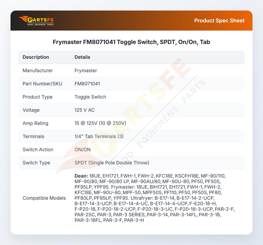 Frymaster FM8071041 Toggle Switch, SPDT, On/On, Tab
