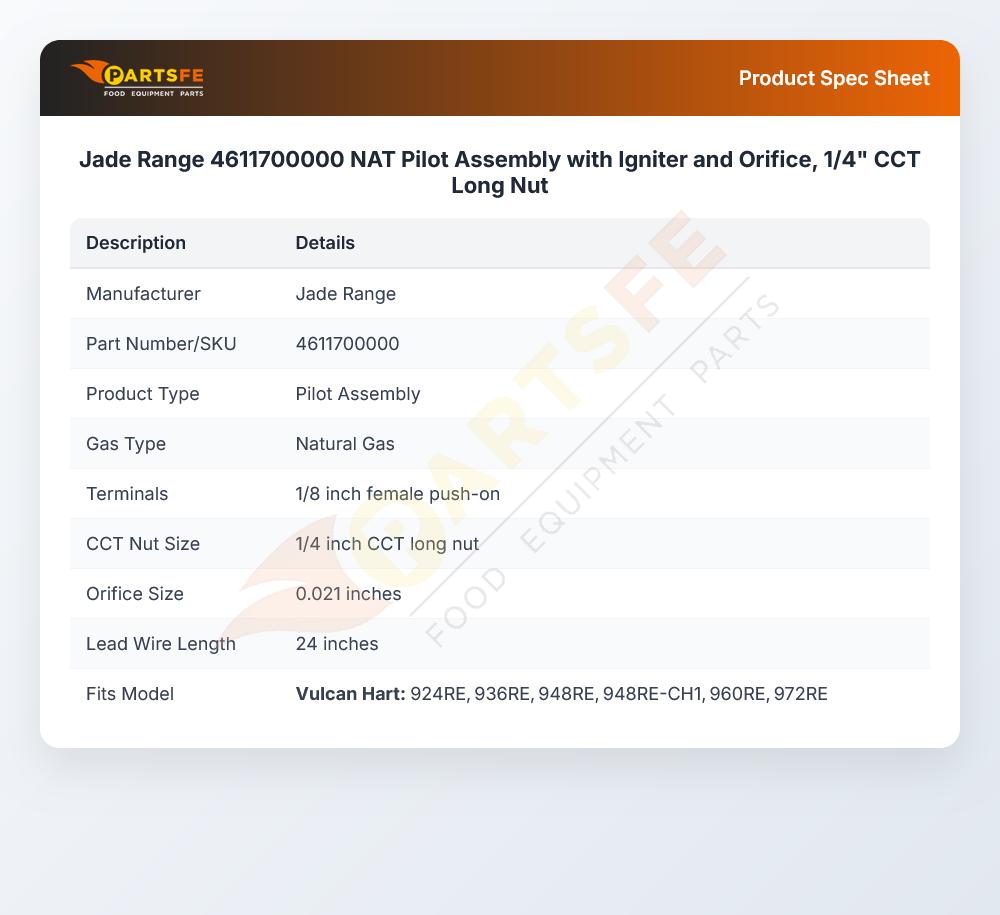 Jade Range 4611700000 NAT Pilot Assembly with Igniter and Orifice, 1/4" CCT Long Nut