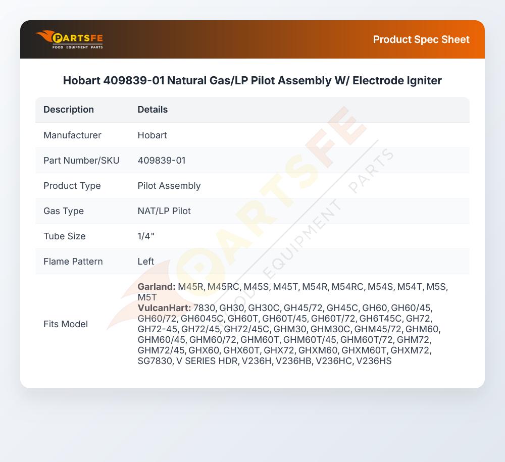 Hobart 409839-01 Natural Gas/LP Pilot Assembly W/ Electrode Igniter