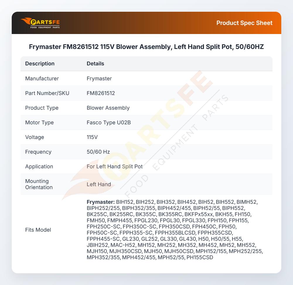Frymaster FM8261512 Fryer Blower Assembly 115V 50/60Hz