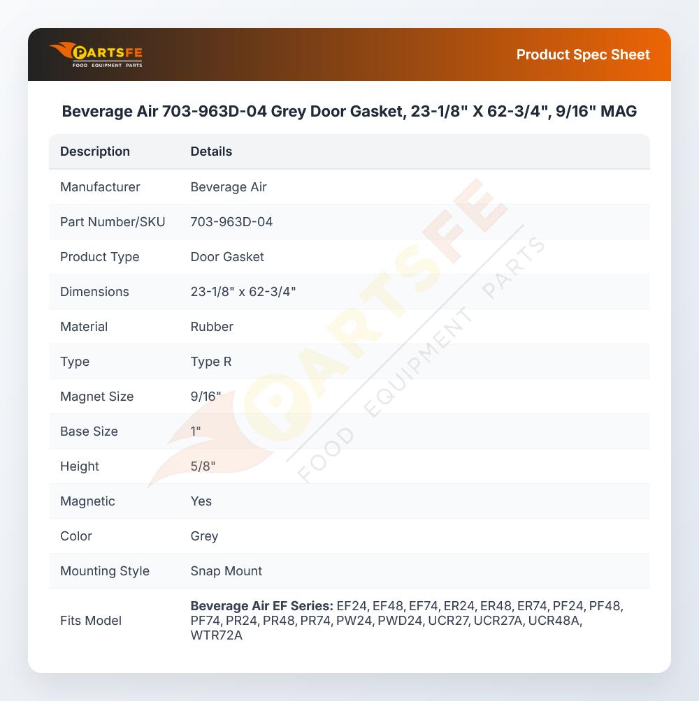 Beverage Air 703-963D-04 Grey Door Gasket, 23-1/8" X 62-3/4", 9/16" MAG