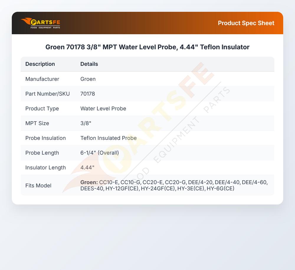 Groen 70178 3/8" MPT Water Level Probe, 4.44" Teflon Insulator