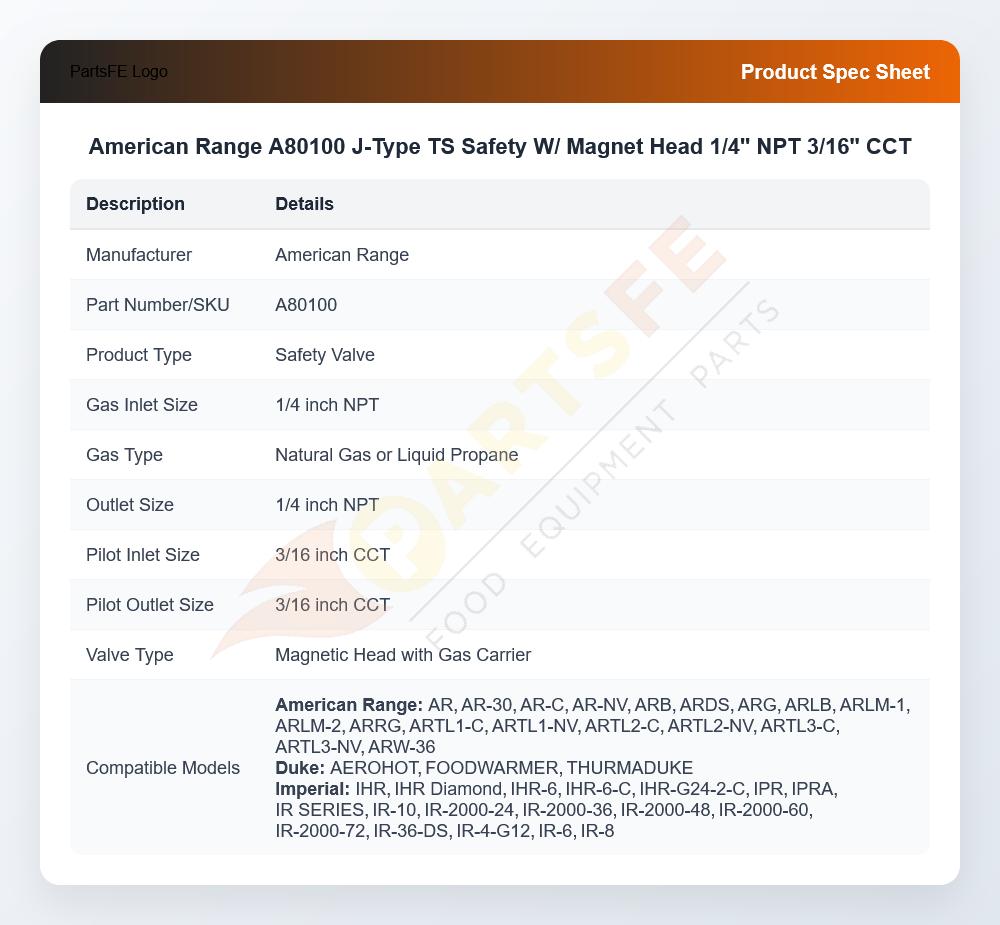 American Range A80100 Pilot Safety Valve W/Magnet Head 1/4" NPT 3/16" CCT J-Type TS