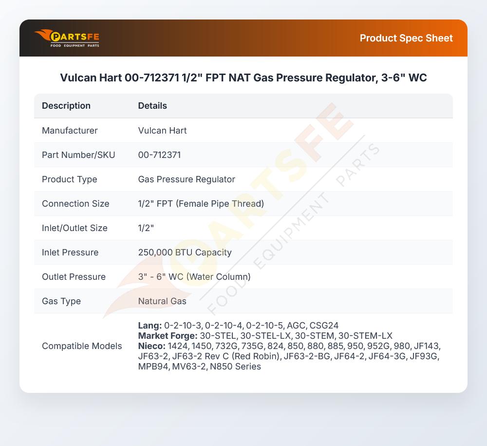Vulcan Hart 00-712371 1/2" FPT NAT Gas Pressure Regulator, 3-6" WC
