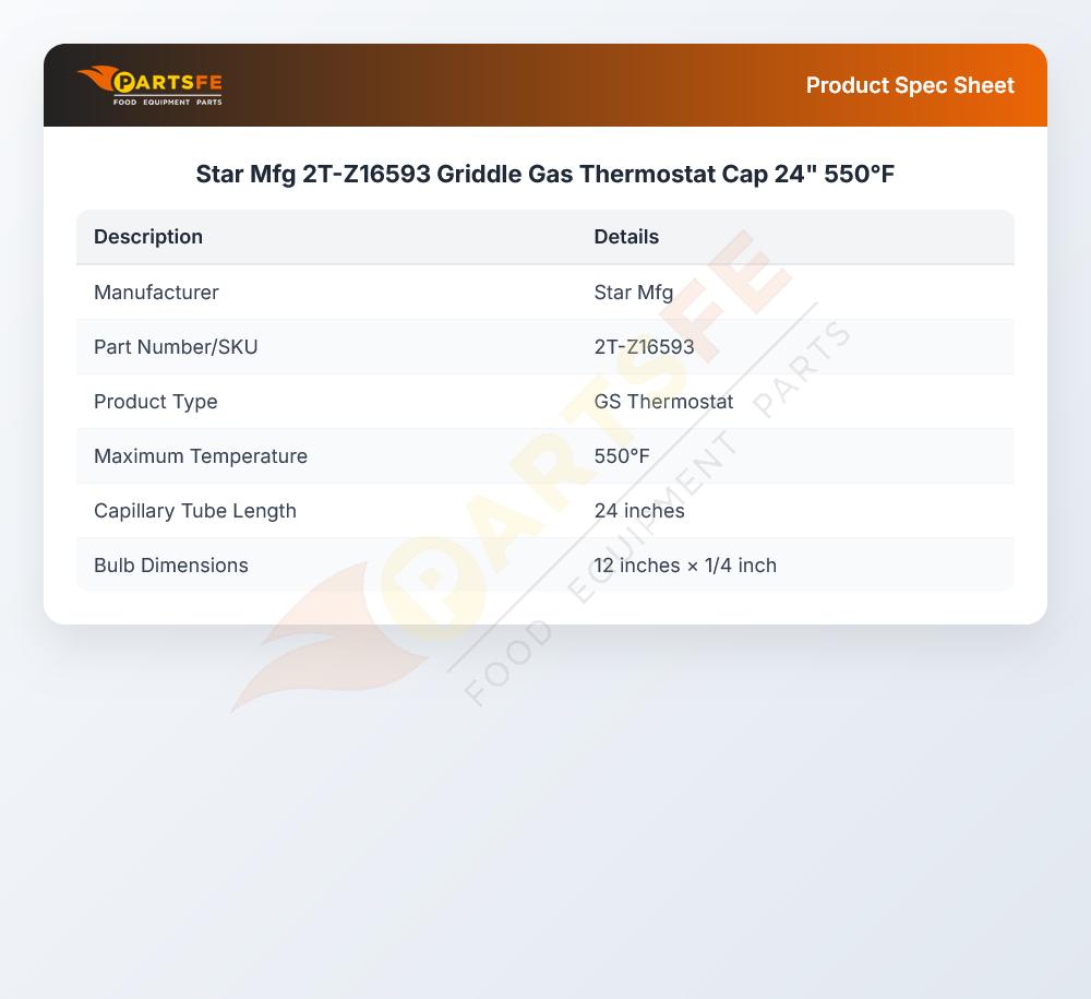 Star Mfg 2T-Z16593 Griddle Gas Thermostat Cap 24" 550&deg;F