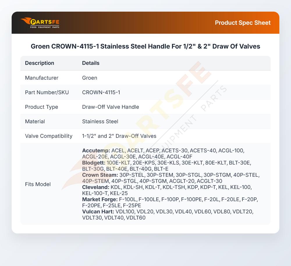 Groen CROWN-4115-1 Draw Of Valve Handle Stainless Steel 1-1/2" & 2"