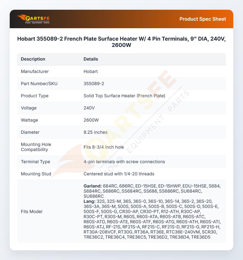 Hobart 355089-2 French Plate Surface Heater W/ 4 Pin Terminals, 9" DIA, 240V, 2600W