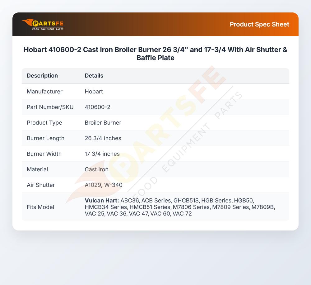 Hobart 410600-2 Cast Iron Broiler Burner 26 3/4" and 17-3/4 With Air Shutter & Baffle Plate