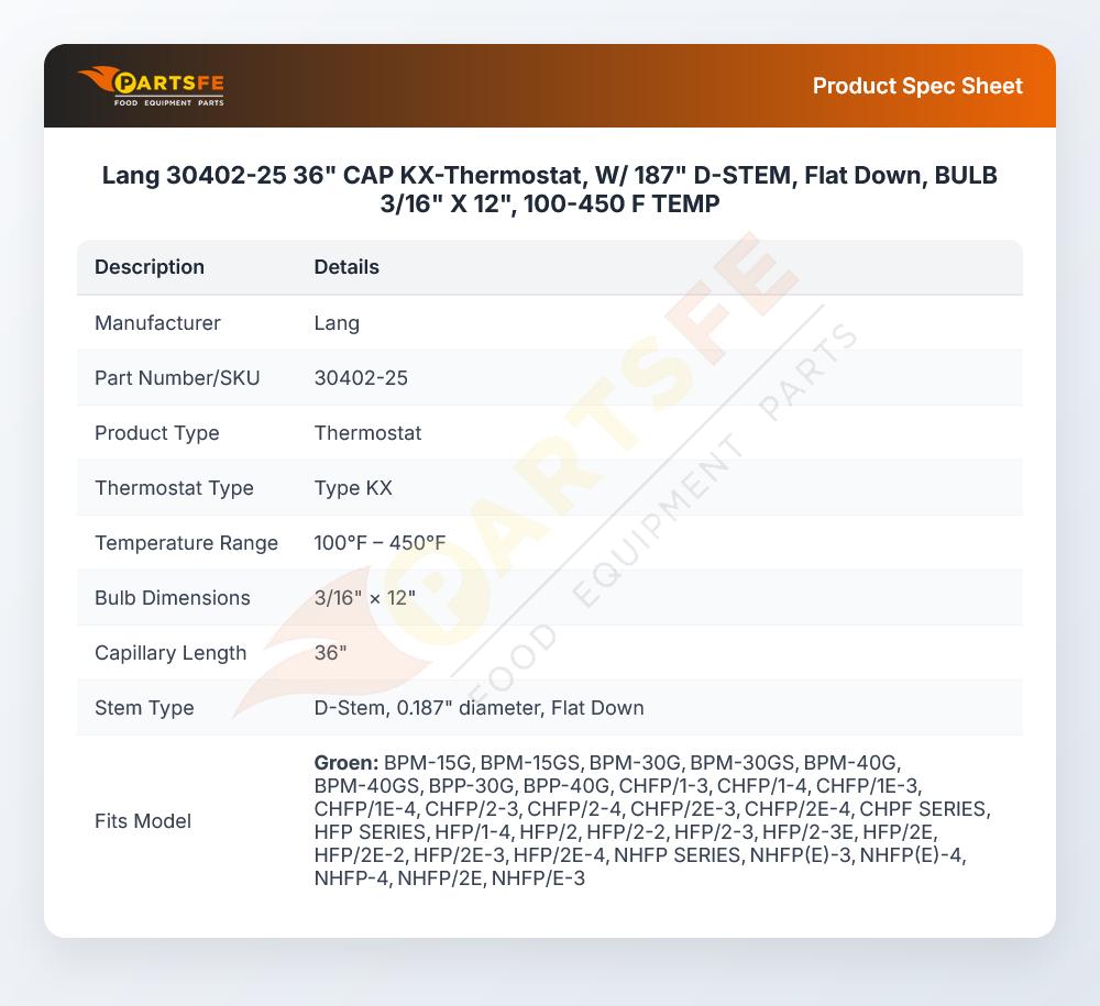 Lang 30402-25 Thermostat 3/16" X 12" 36" 450&deg;F Cap KX