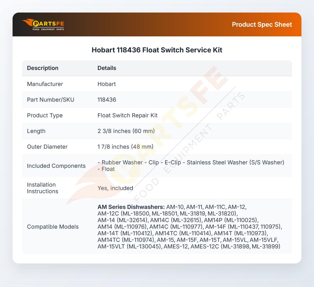 Hobart 118436 Float Switch Service Kit