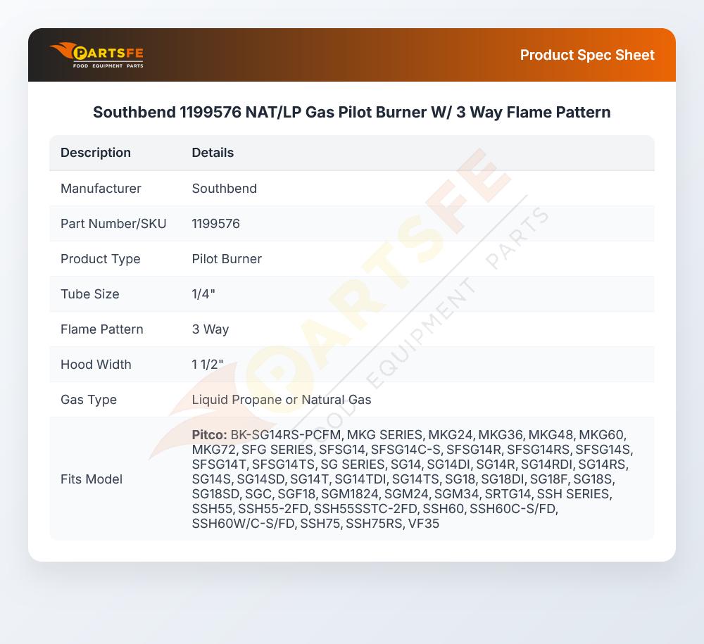 Southbend 1199576 NAT/LP Gas Pilot Burner W/ 3 Way Flame Pattern
