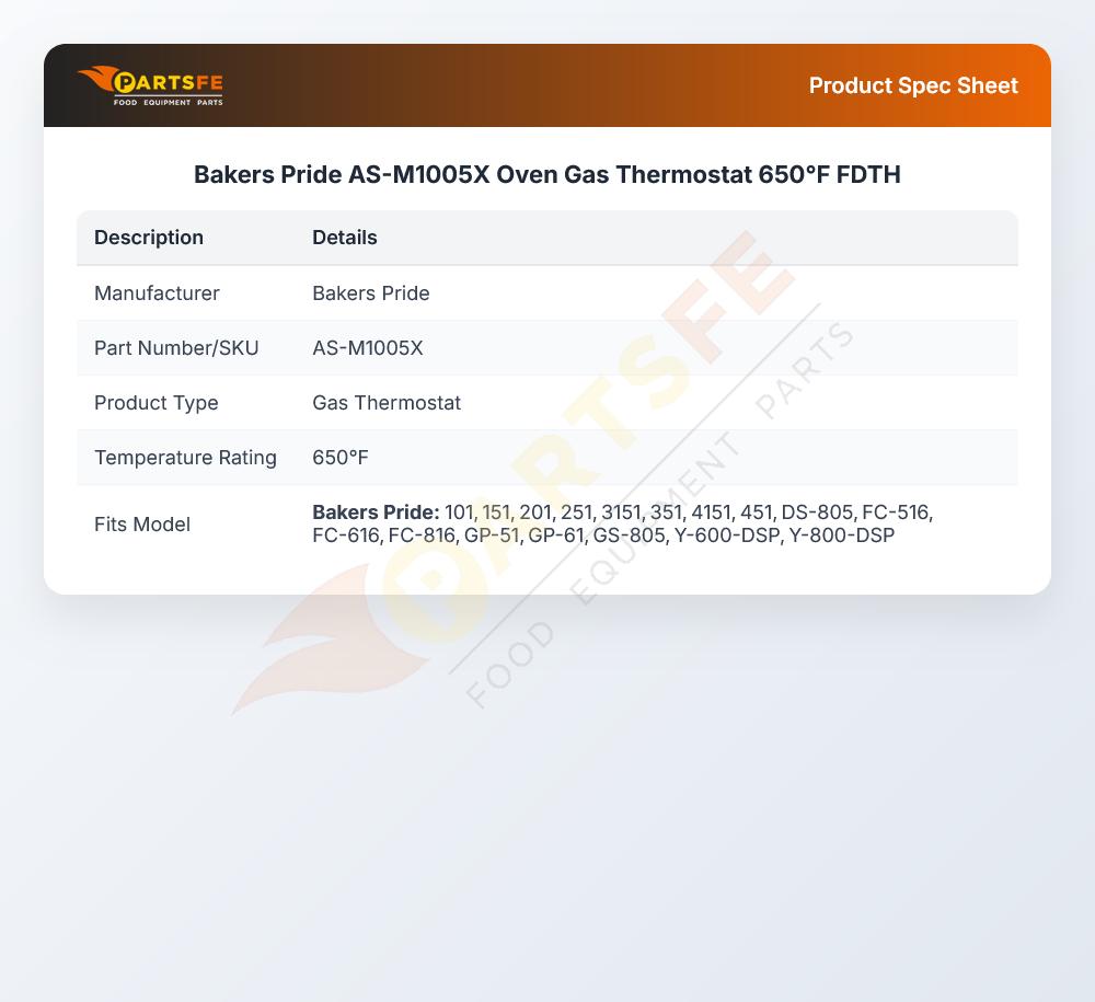 Bakers Pride AS-M1005X Oven Gas Thermostat 650&deg;F FDTH