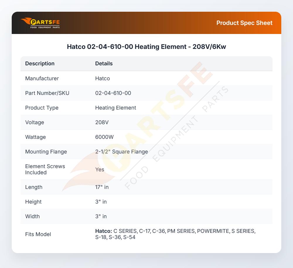 Hatco 02-04-610-00 Heating Element  - 208V/6Kw