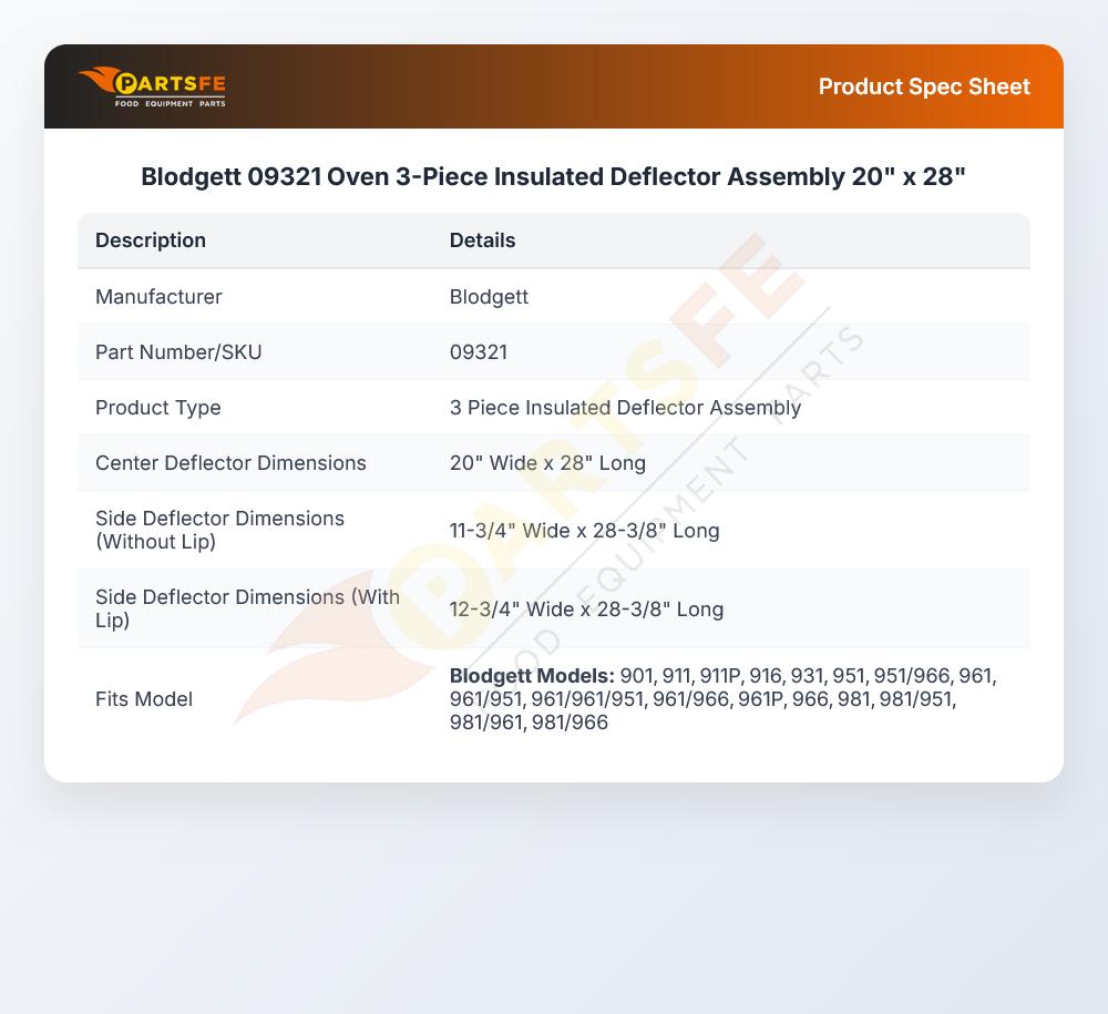 Blodgett 09321 Oven 3-Piece Insulated Deflector Assembly 20" x 28"