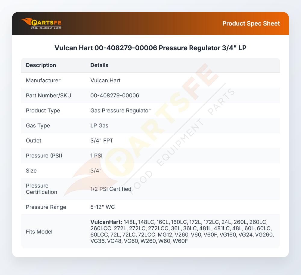 Vulcan Hart 00-408279-00006 Range Gas Pressure Regulator LP 3/4"