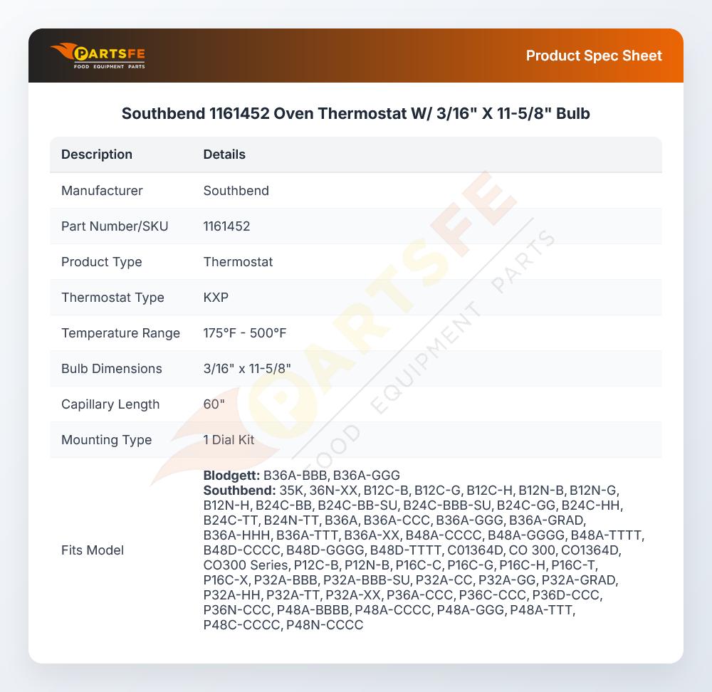 Southbend 1161452 Thermostat W/Dial Bulb 3/16" X 11-5/8" CAP 60" 175&deg;F - 500&deg;F KX