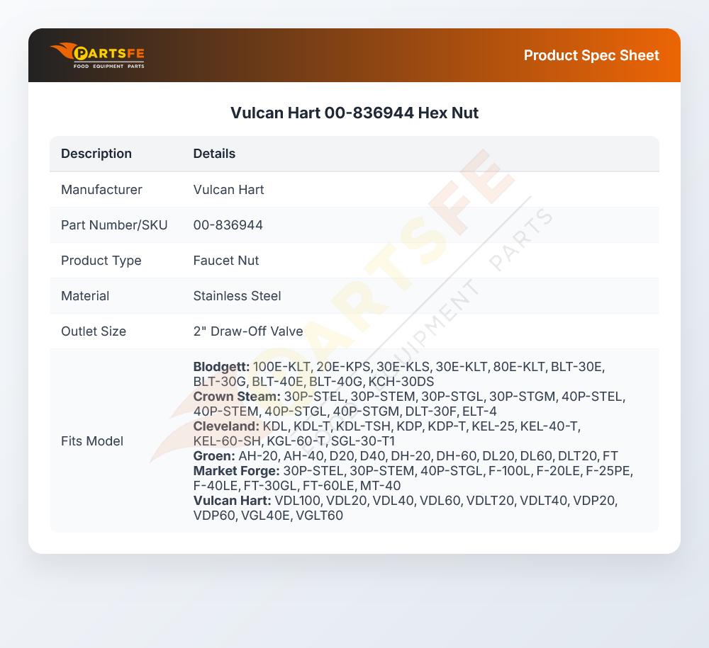 Vulcan Hart 00-836944 Steam Kettle Hex Nut Assembly