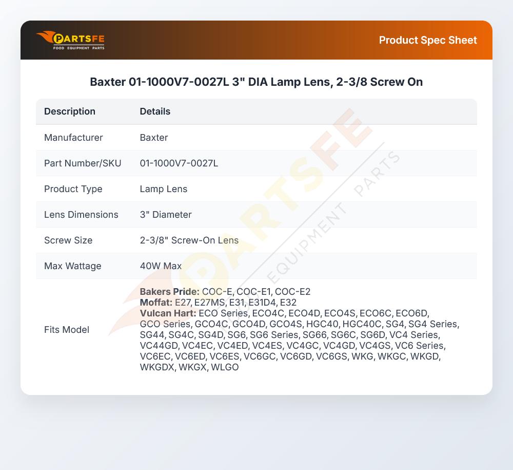 Baxter 01-1000V7-0027L 3" DIA Lamp Lens, 2-3/8 Screw On
