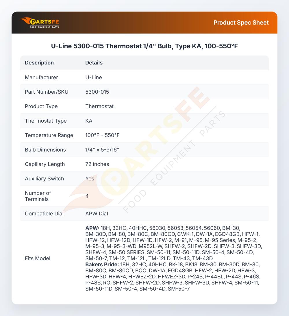 U-Line 5300-015 Thermostat 100&deg;-550&deg;F 1/4" X 5-9/16" Bulb 72" CAP KA
