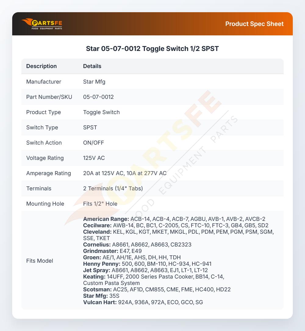 Star 05-07-0012 Toggle Switch 1/2 SPST