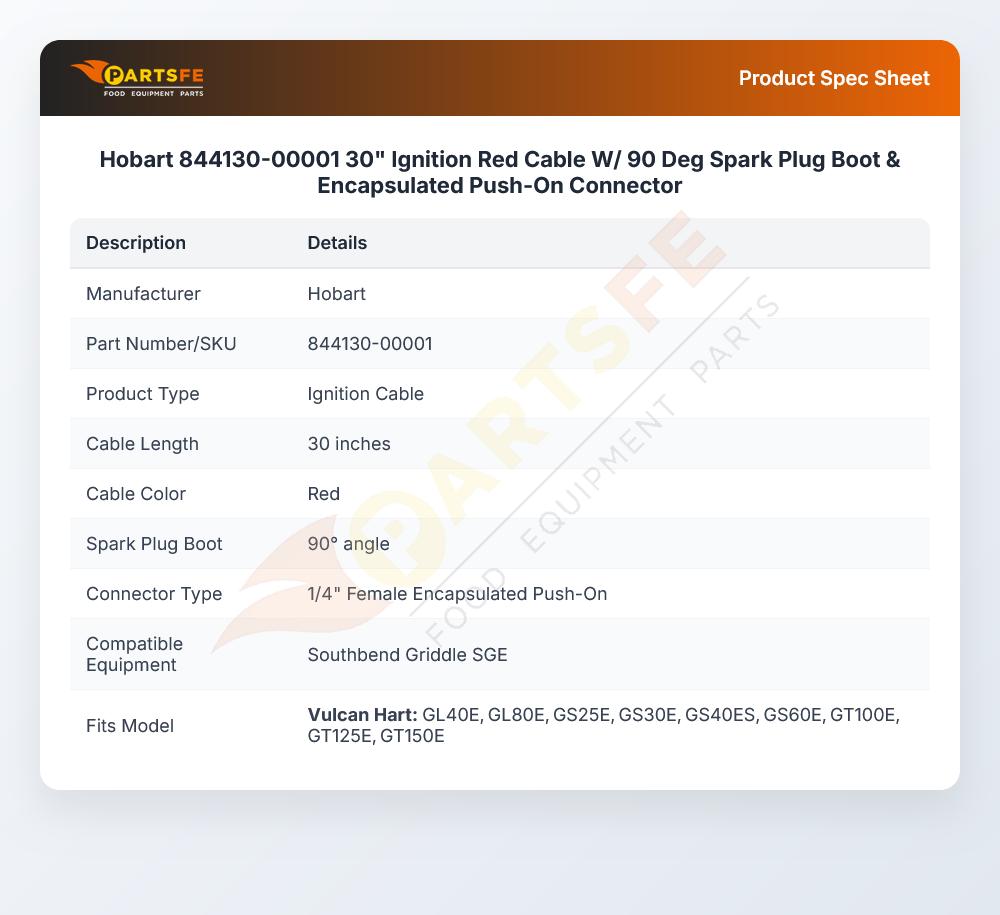 Hobart 844130-00001 30" Ignition  Red Cable W/ 90 Deg Spark Plug Boot & Encapsulated Push-On Connector