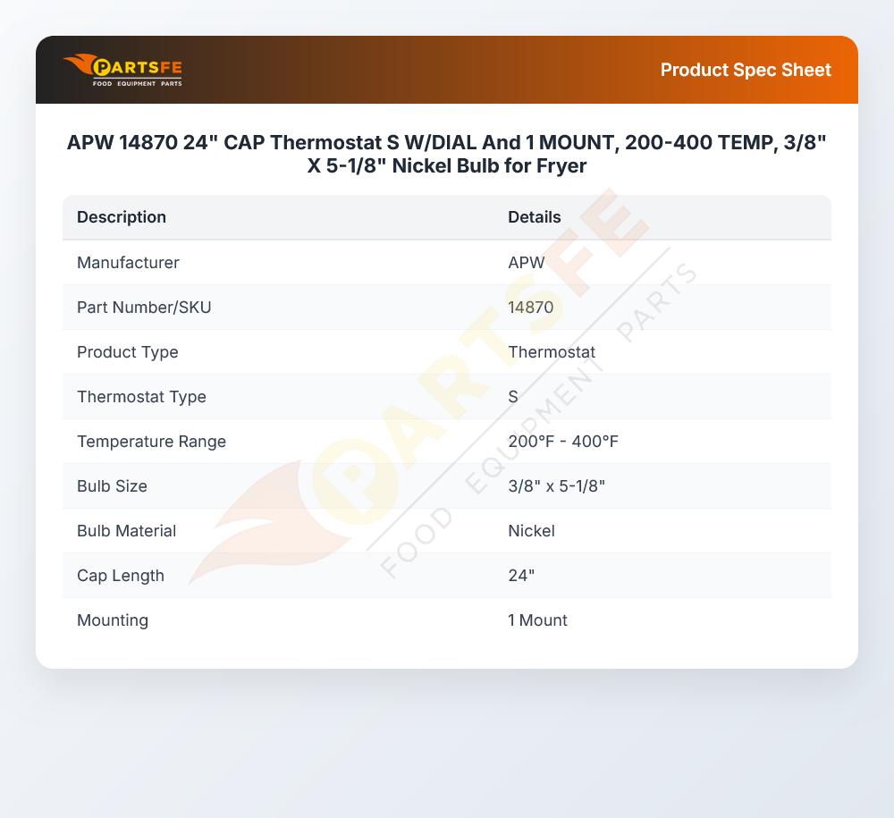 APW 14870 Thermostat S-Type 200&deg;F-400&deg;F 3/8" X 5-1/8" Bulb 24" CAP