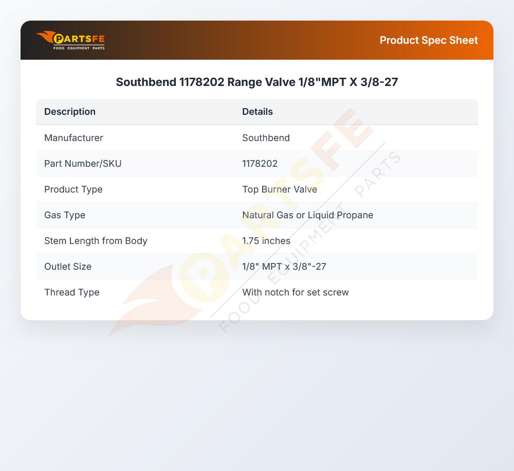 Southbend 1178202 Range Top Burner Valve 1/8" MPT X 3/8-27