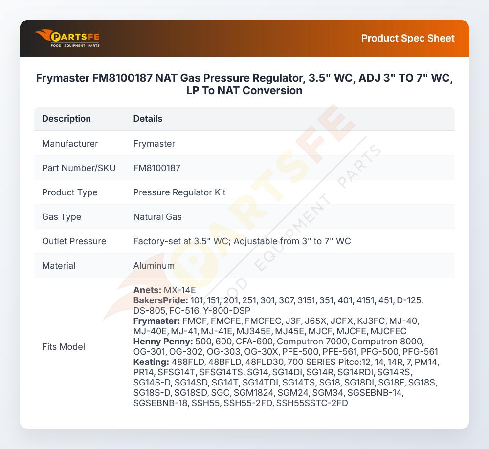 Frymaster FM8100187 NAT Gas Pressure Regulator, 3.5" WC, ADJ 3" TO 7" WC,  LP To NAT Conversion