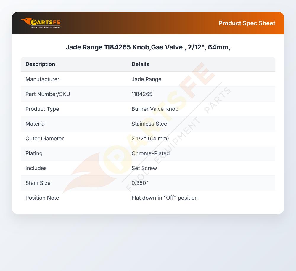 Jade Range 1184265 Knob,Gas Valve , 2/12", 64mm,